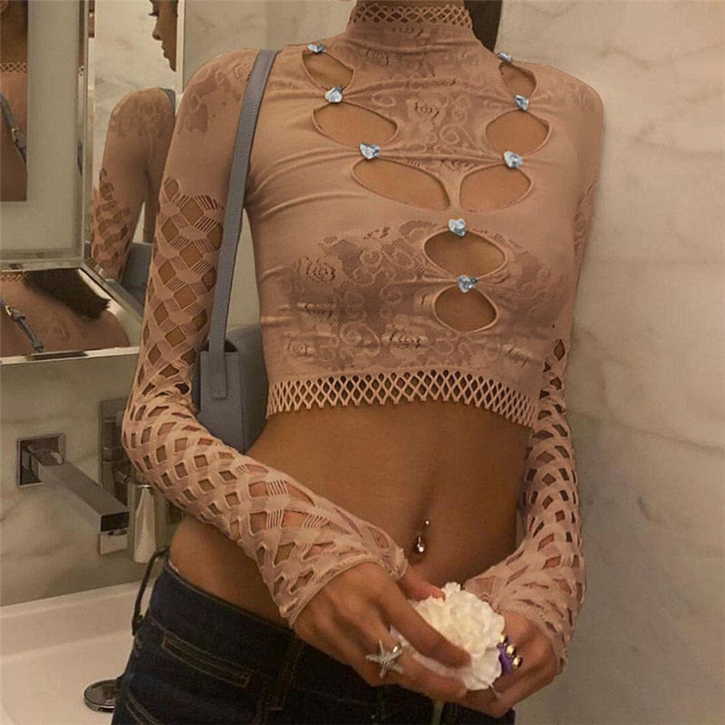 Sexy Long Sleeve Hollow Out Crop Top