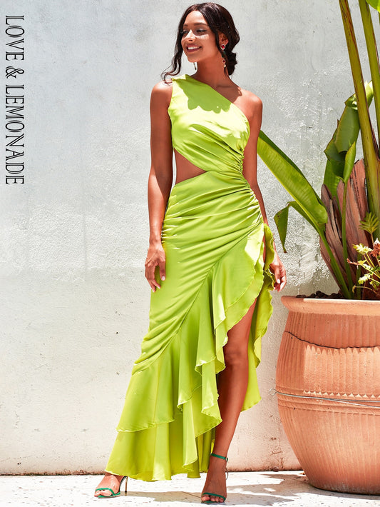 Bright Green Off-The-Shoulder Cutout Ruffled Reflective Satin Party Dress