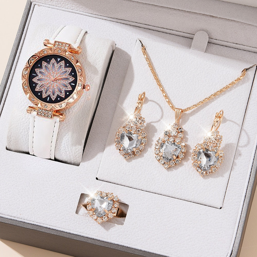 5pcs Luxury Watch Ring Necklace Earrings Set (No Box)