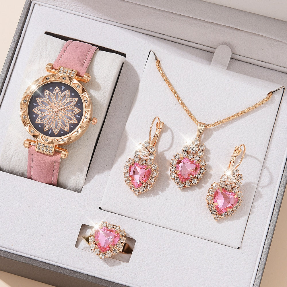 5pcs Luxury Watch Ring Necklace Earrings Set (No Box)