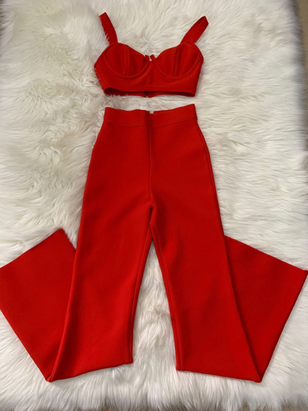 Sexy Bandage Two-piece Set with Tight Short Crop Top & High Waist Flared Pants Set