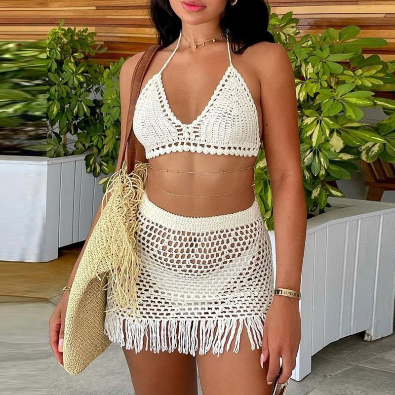 Knitted two-piece set with backless tie up crop and skirt