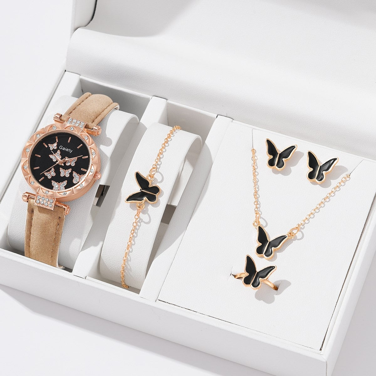 6pcs Luxury Butterfly Watch Ring Necklace Earrings Bracelet Set (No Box)