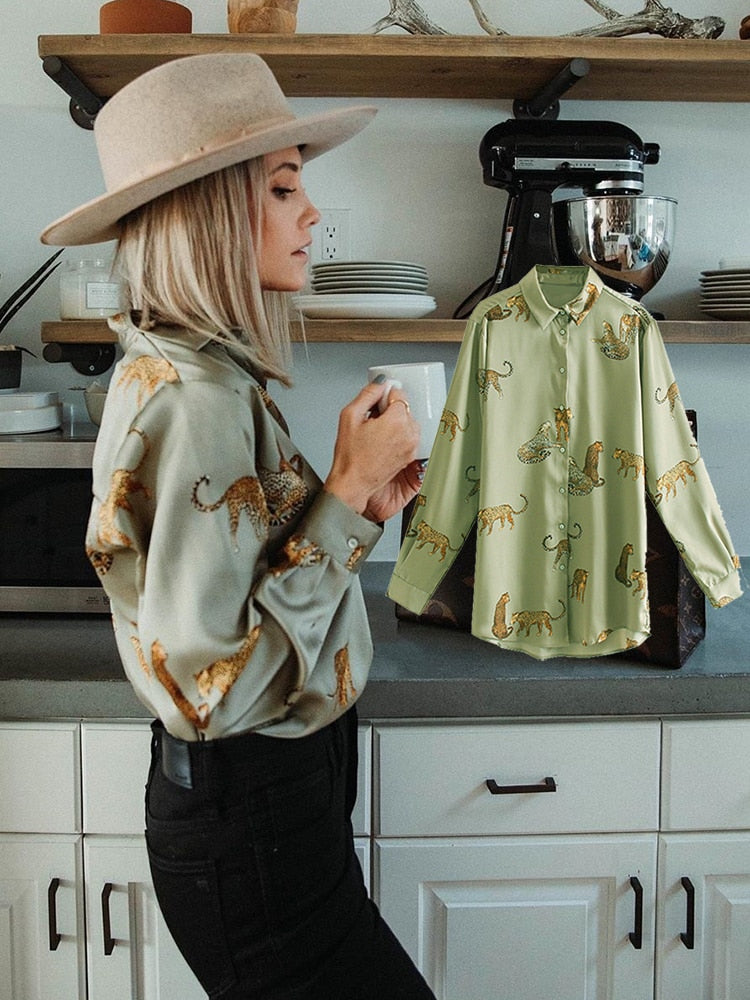 Elegant Animal Print Satin Blouse