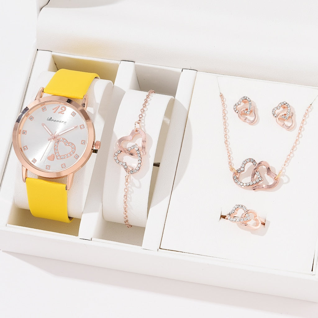 6PCS Quartz Watch and Heart Shaped Jewelry Set (NO BOX)