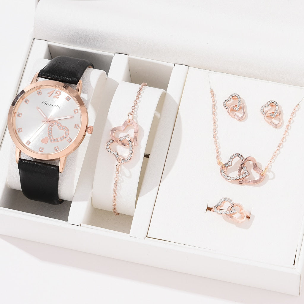 6PCS Quartz Watch and Heart Shaped Jewelry Set (NO BOX)