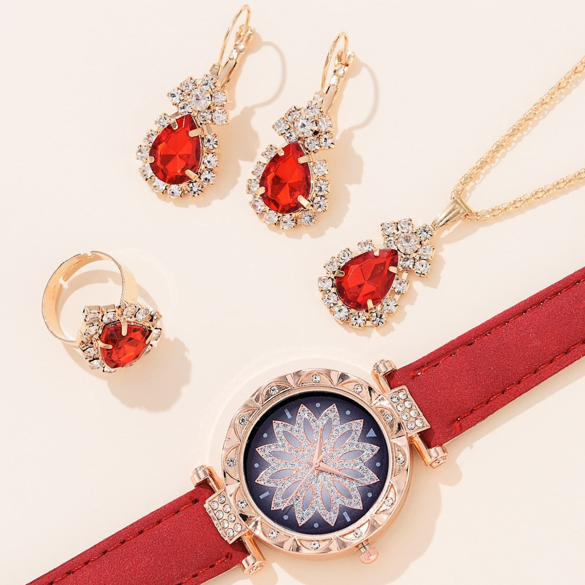 5pcs Luxury Watch Ring Necklace Earrings Set (No Box)