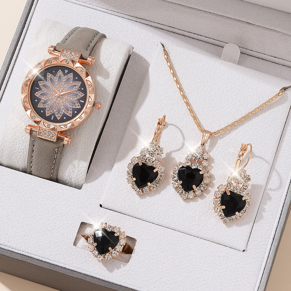 5pcs Luxury Watch Ring Necklace Earrings Set (No Box)