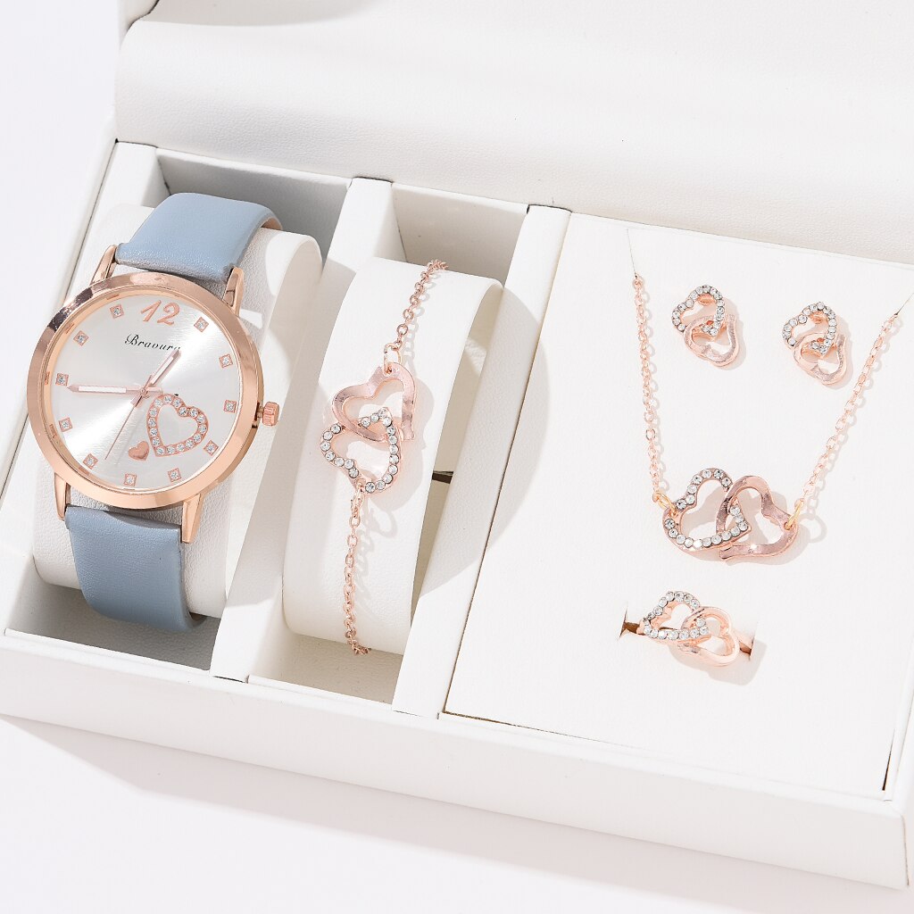 6PCS Quartz Watch and Heart Shaped Jewelry Set (NO BOX)