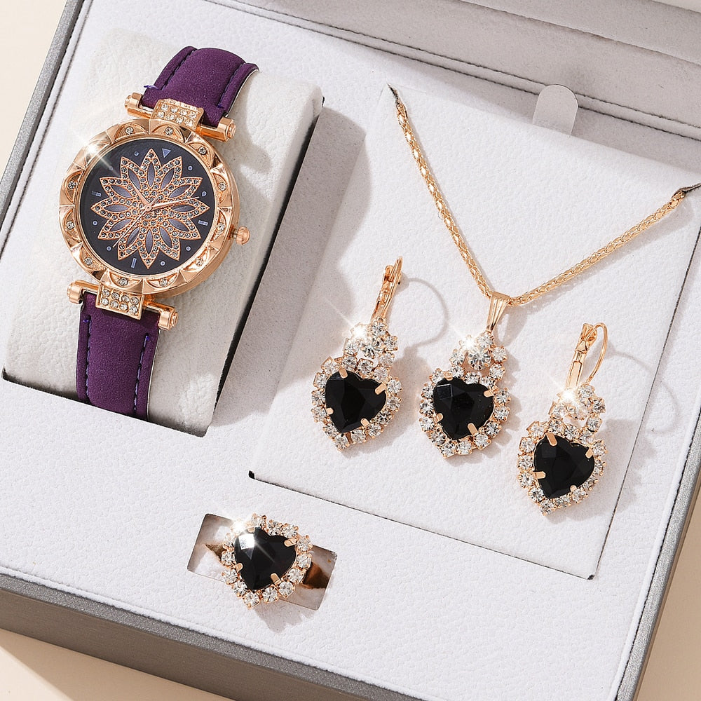 5pcs Luxury Watch Ring Necklace Earrings Set (No Box)