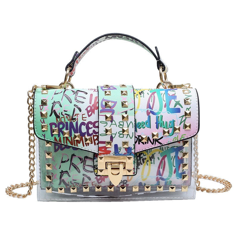 Studded Graffiti Crossbody Shoulder Bag Purse