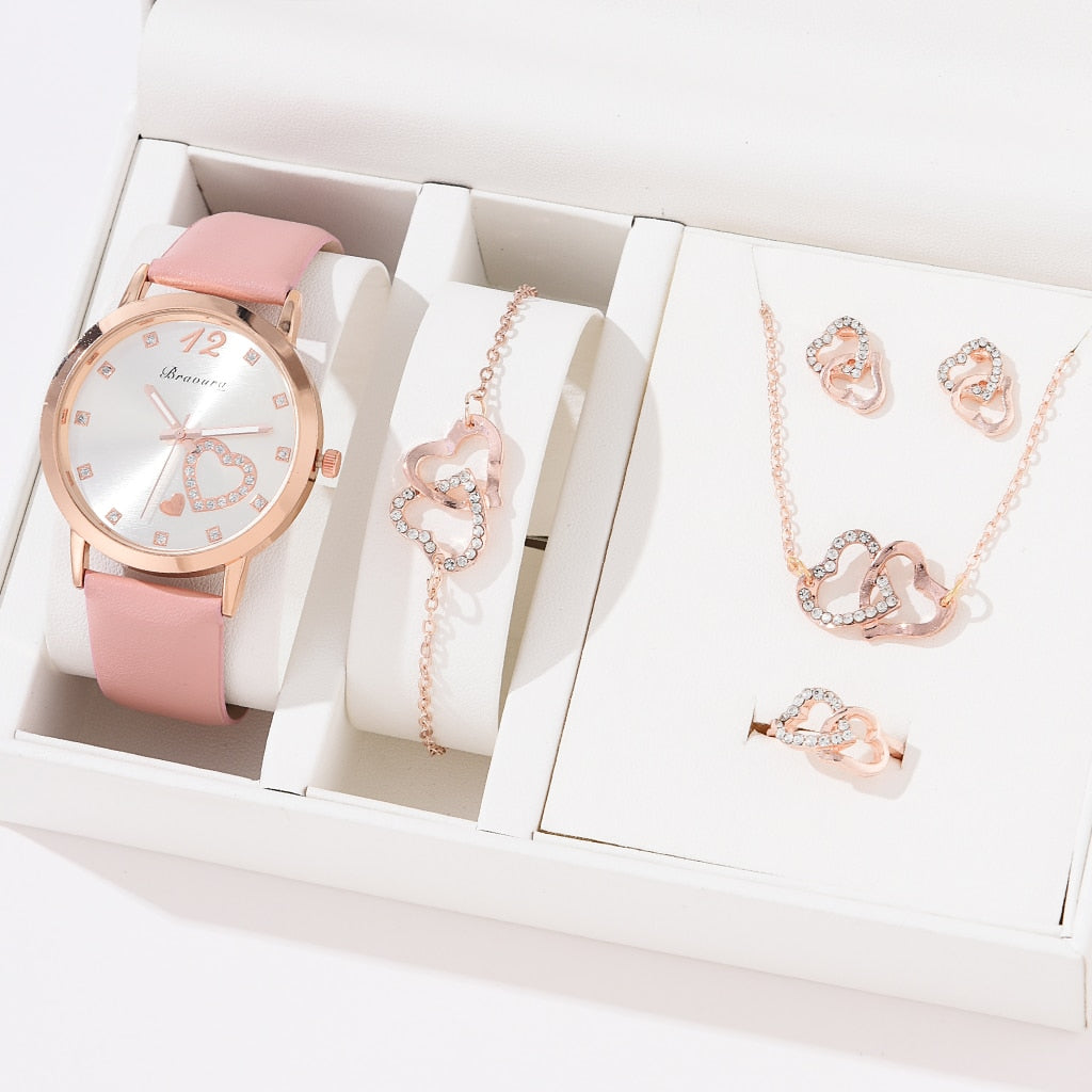 6PCS Quartz Watch and Heart Shaped Jewelry Set (NO BOX)