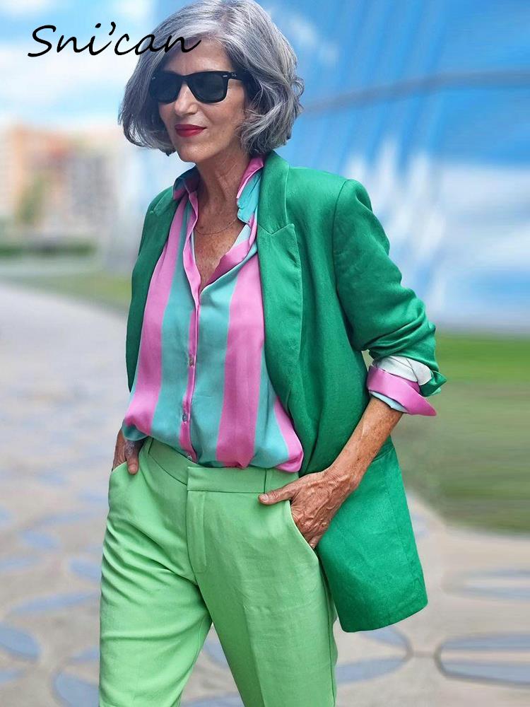 Green Pink Oversized Striped Blouse / Pink Skirt