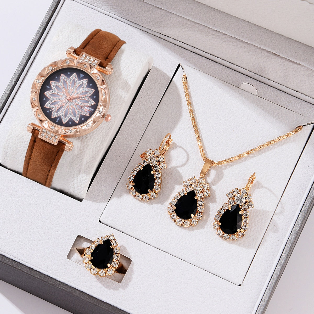 5pcs Luxury Watch Ring Necklace Earrings Set (No Box)