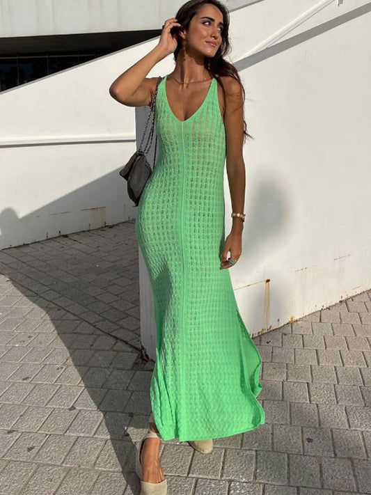 Green Long Knit Dress with Lace-up Slits