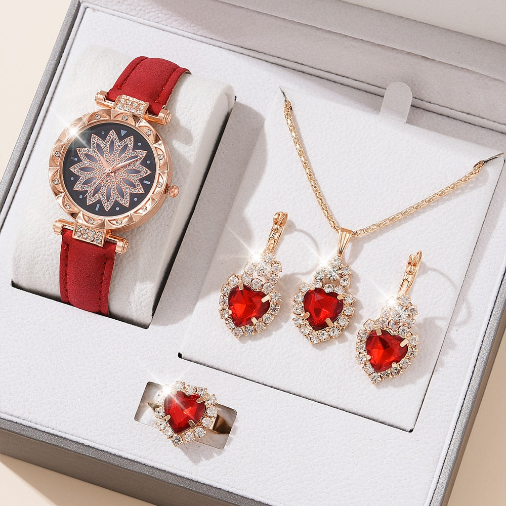 5pcs Luxury Watch Ring Necklace Earrings Set (No Box)