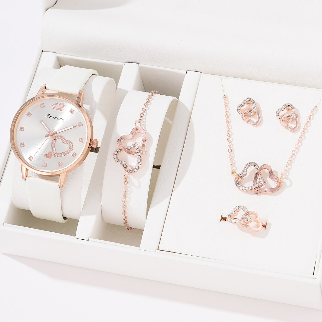 6PCS Quartz Watch and Heart Shaped Jewelry Set (NO BOX)