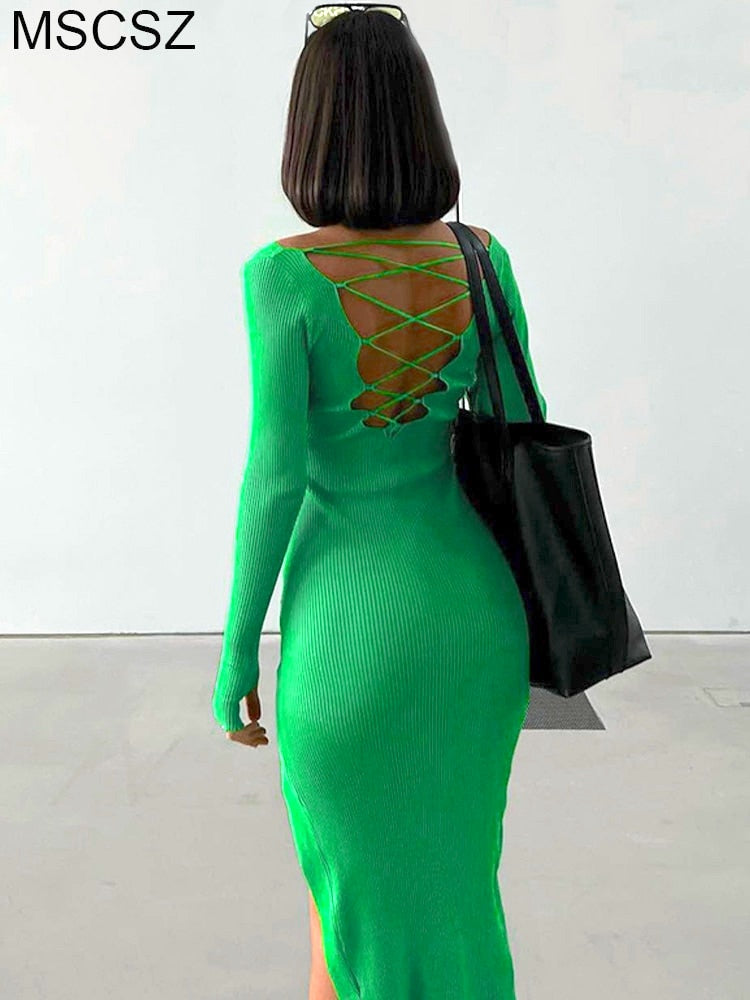 Long Sleeve lace up Backless knitted Bodycon Dress