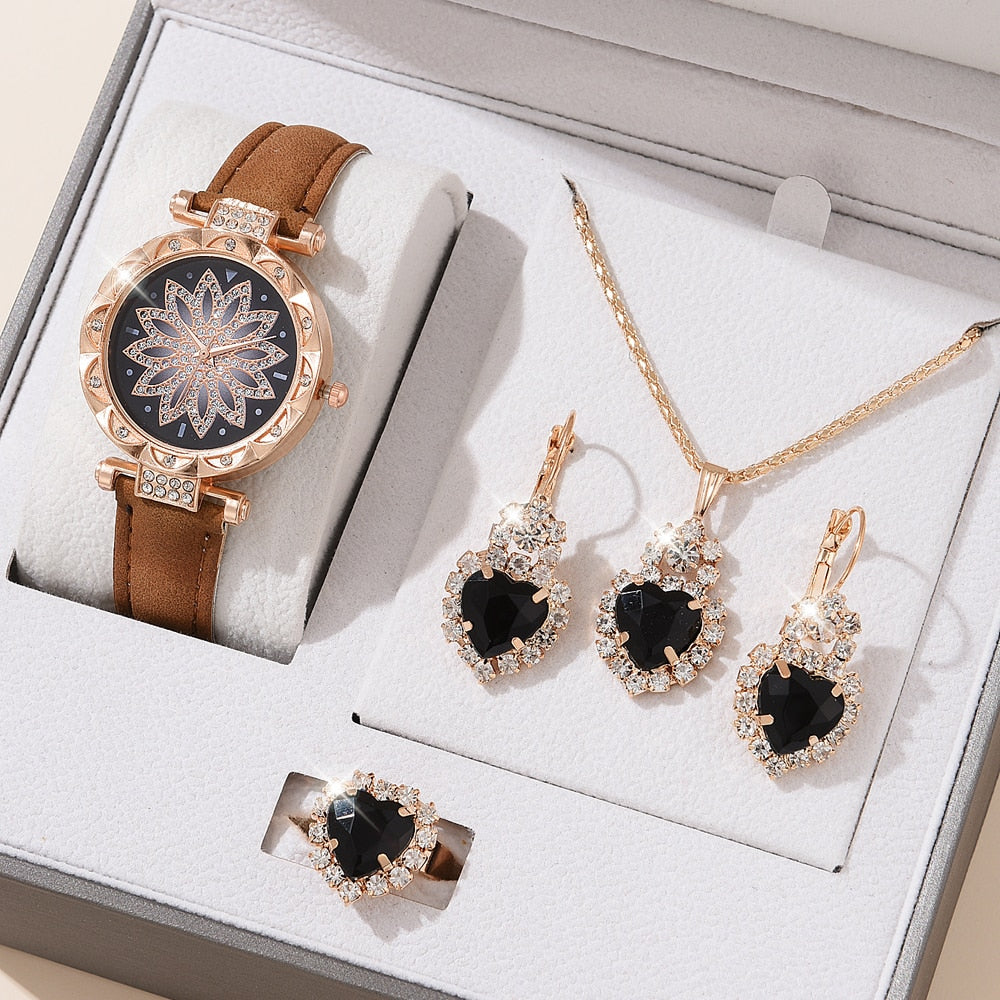 5pcs Luxury Watch Ring Necklace Earrings Set (No Box)