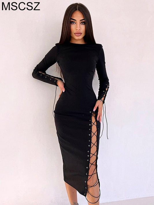 Long Sleeve Lace-Up Bandage Bodycon Dress