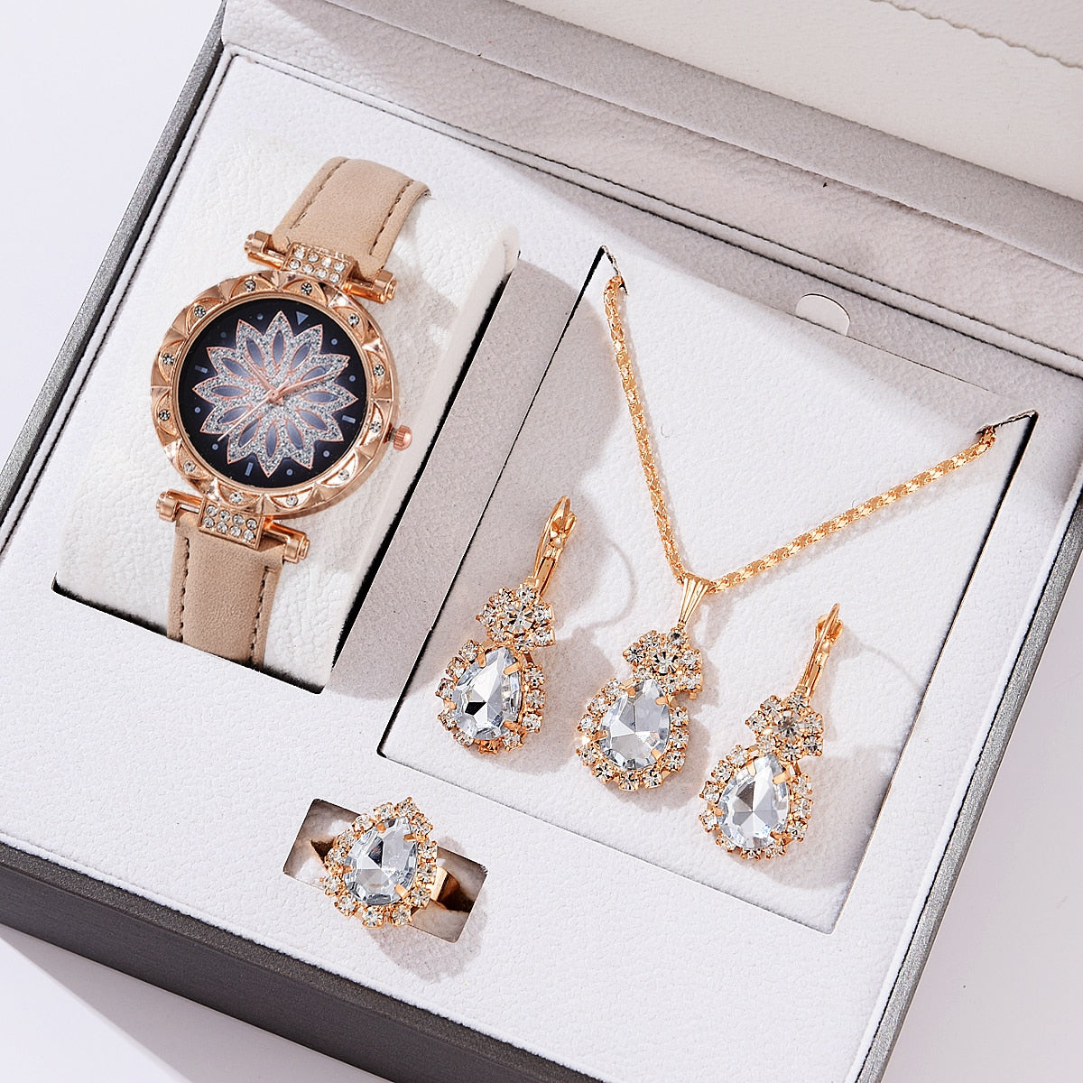 5pcs Luxury Watch Ring Necklace Earrings Set (No Box)