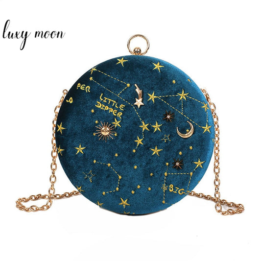 Round Suede Astrology Zodiac Shoulder Messenger Bag Embroidery Evening Clutch Purse Crossbody Bag