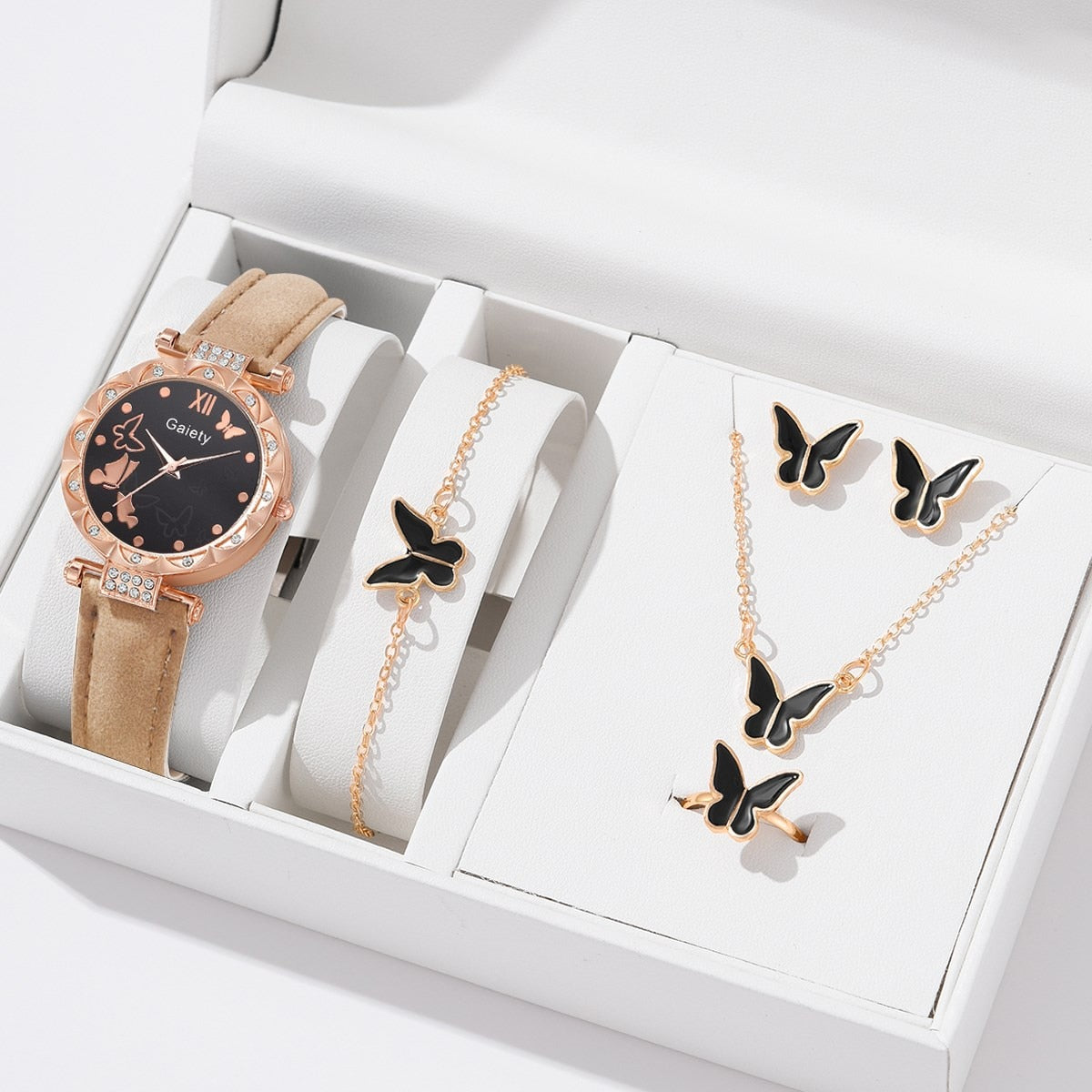 6pcs Luxury Butterfly Watch Ring Necklace Earrings Bracelet Set (No Box)