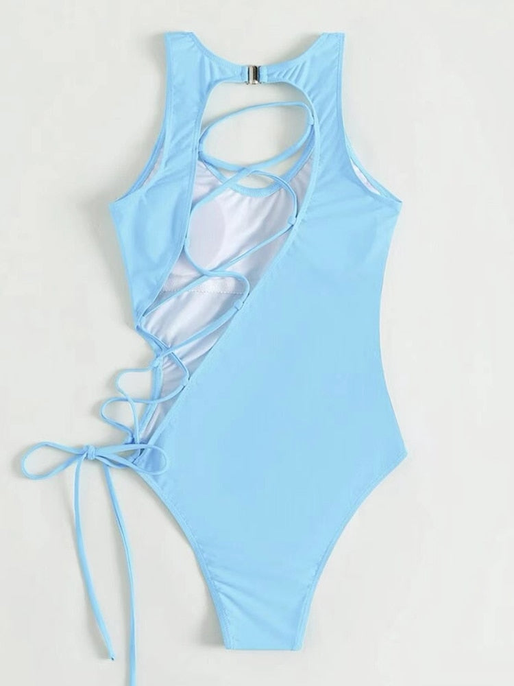 Push Up Strappy Bandage One Piece Swimsuit Swimwear Monokini Bathing Suit Beachwear