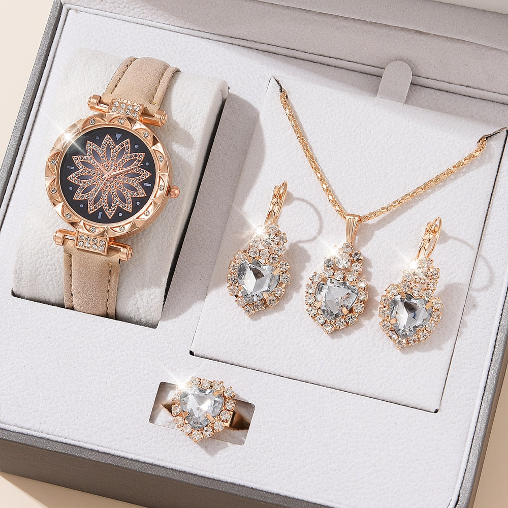 5pcs Luxury Watch Ring Necklace Earrings Set (No Box)