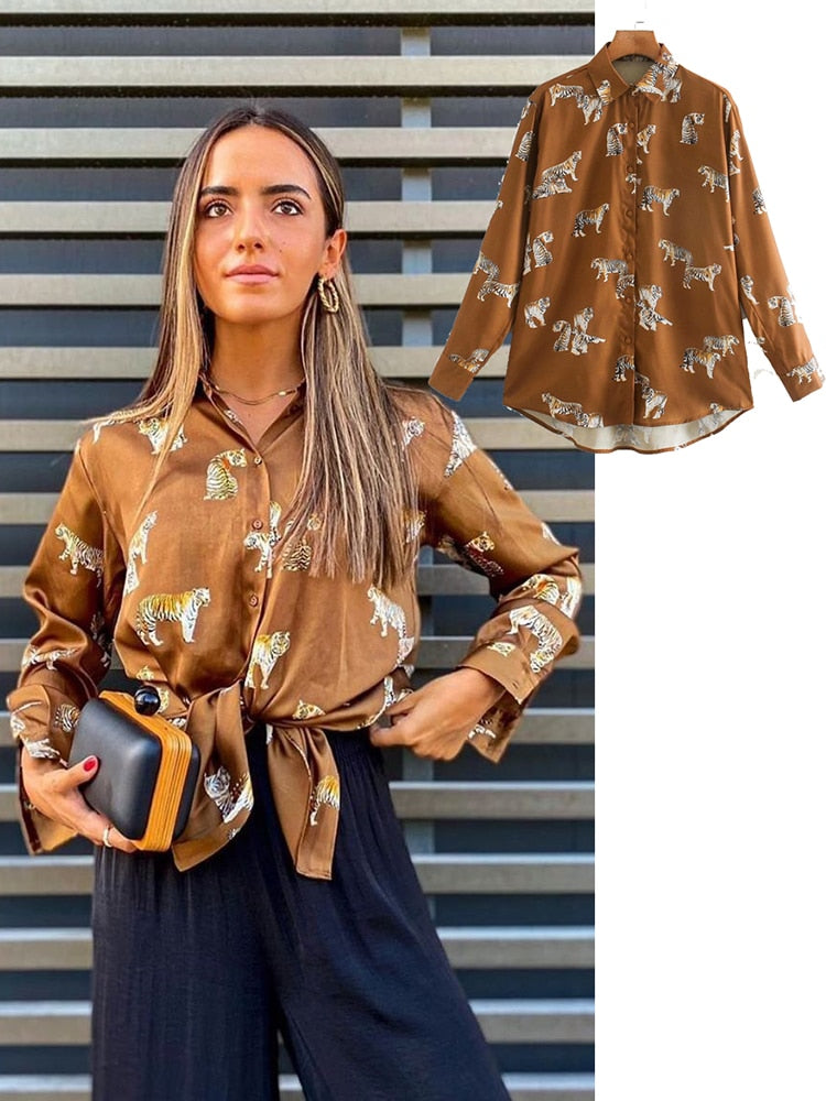 Elegant Animal Print Satin Blouse