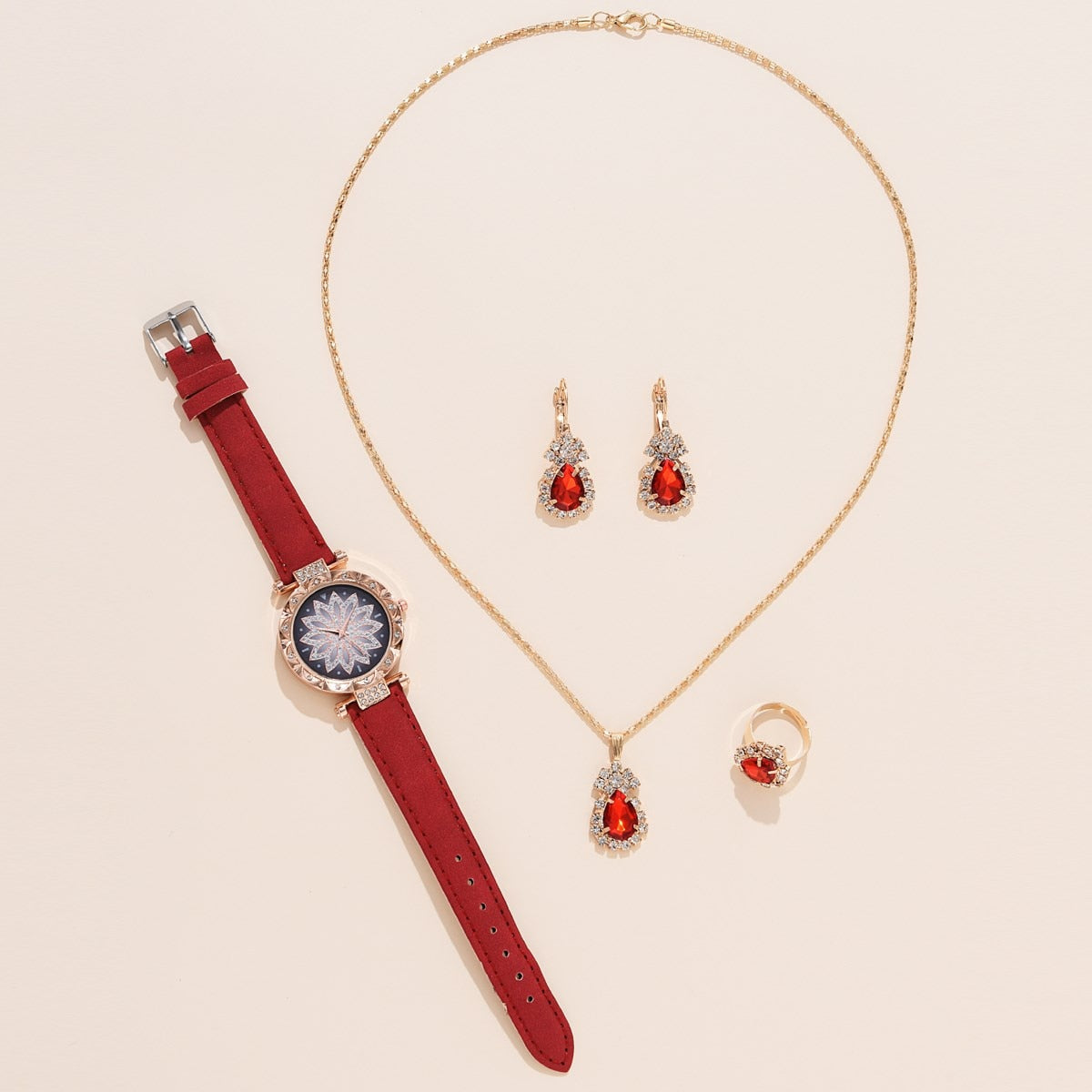 5pcs Luxury Watch Ring Necklace Earrings Set (No Box)