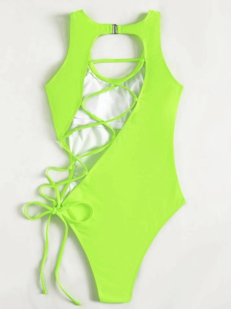 Push Up Strappy Bandage One Piece Swimsuit Swimwear Monokini Bathing Suit Beachwear