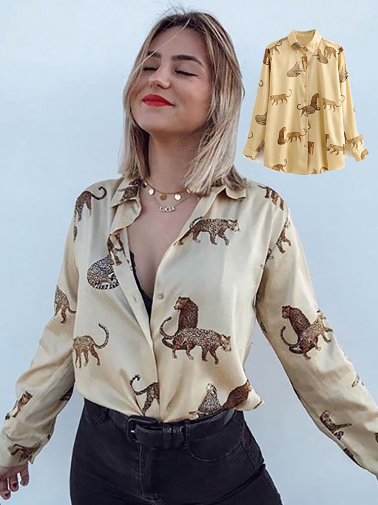 Elegant Animal Print Satin Blouse