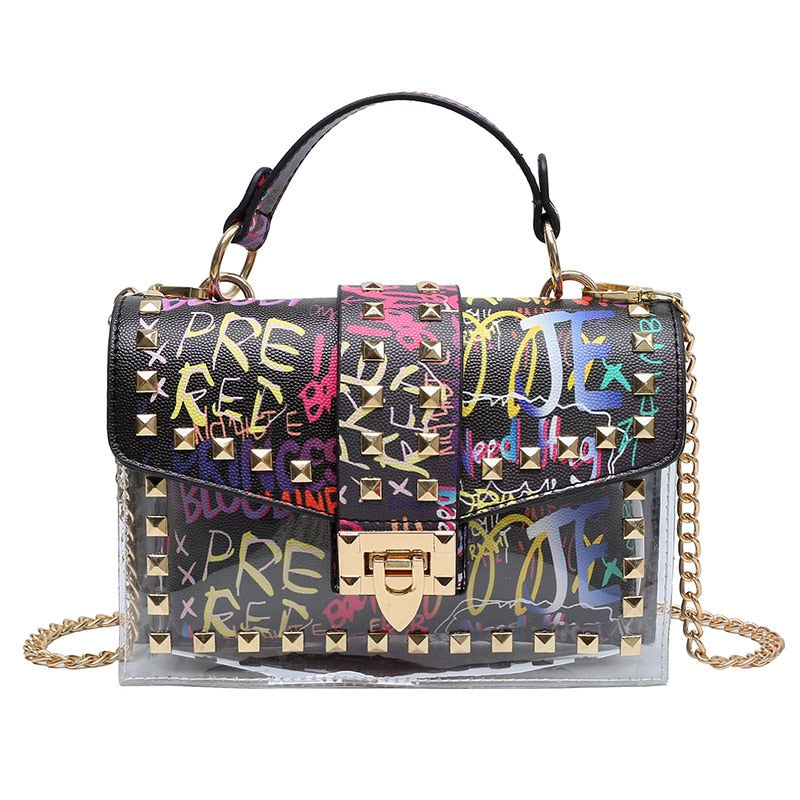 Studded Graffiti Crossbody Shoulder Bag Purse