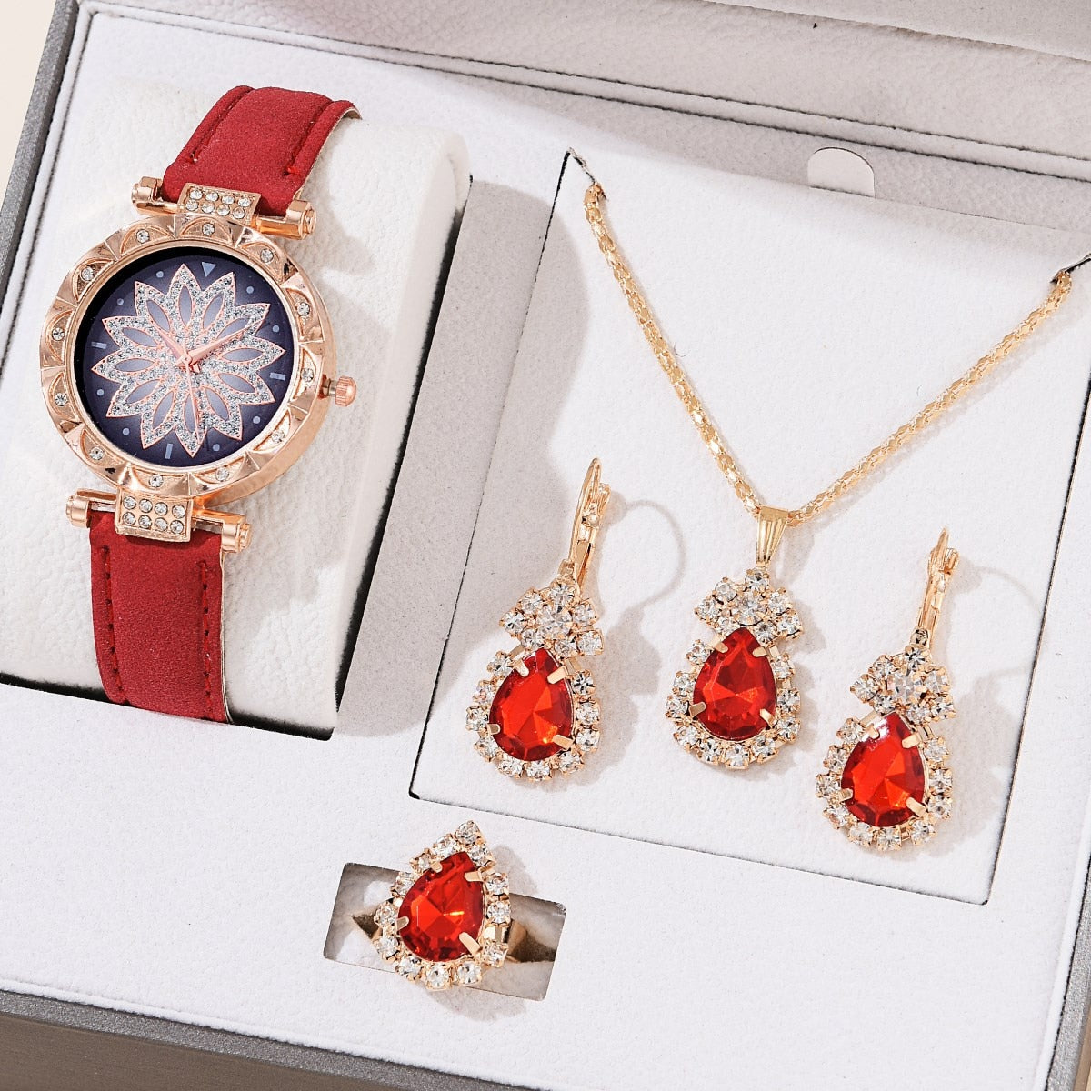 5pcs Luxury Watch Ring Necklace Earrings Set (No Box)