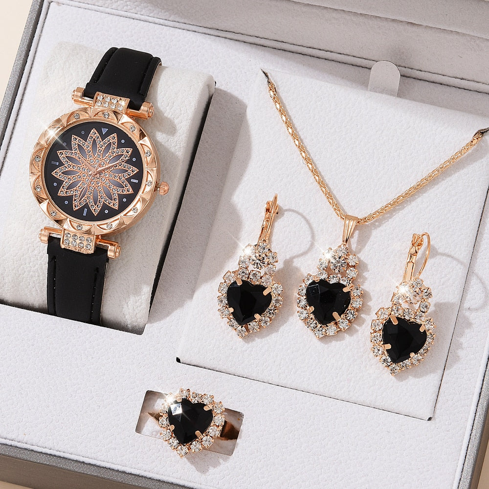 5pcs Luxury Watch Ring Necklace Earrings Set (No Box)