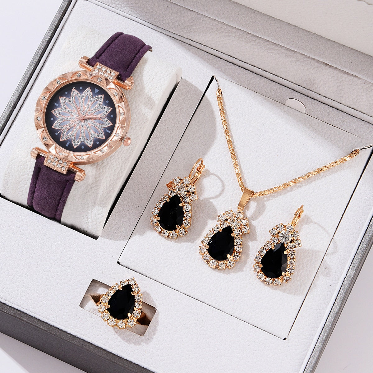 5pcs Luxury Watch Ring Necklace Earrings Set (No Box)