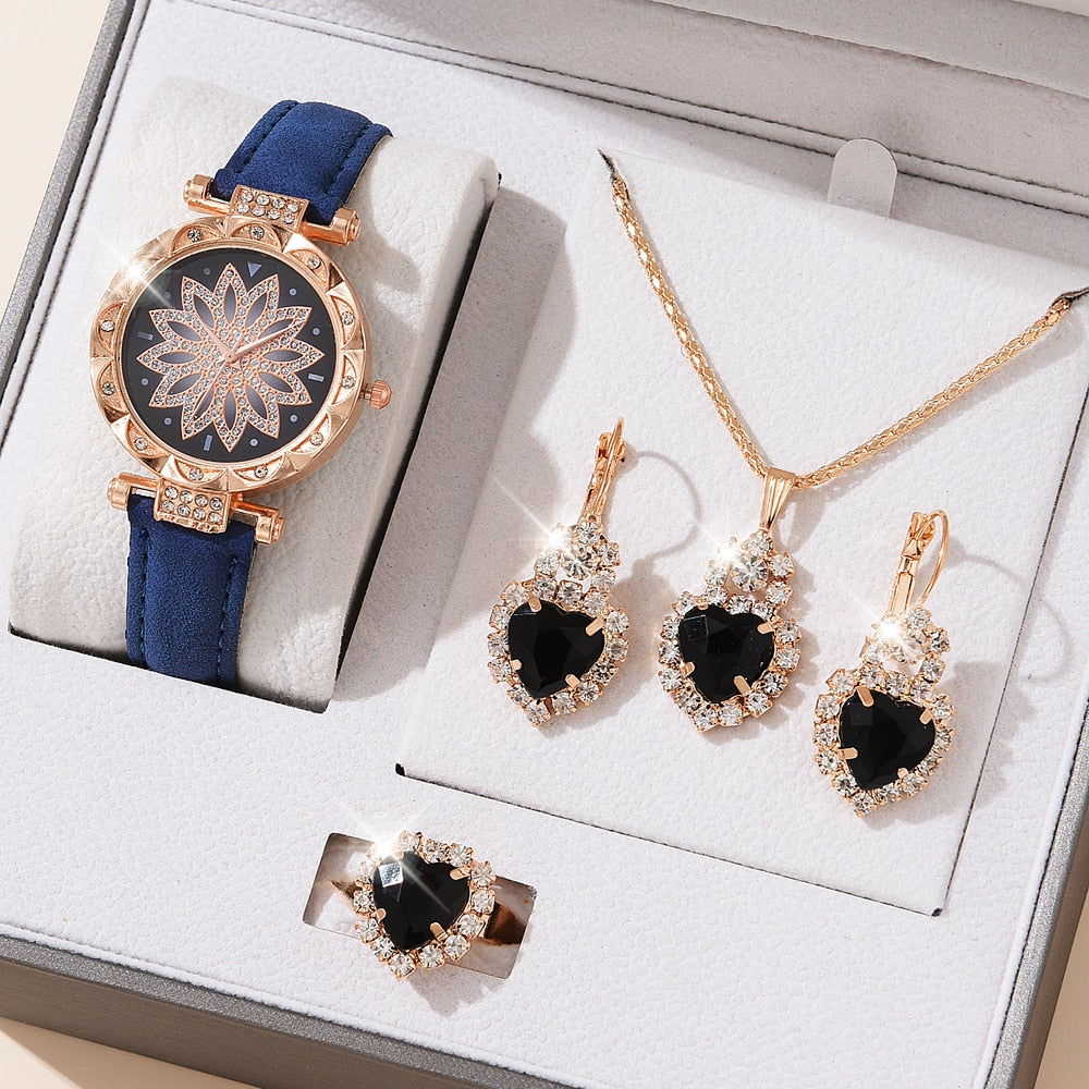 5pcs Luxury Watch Ring Necklace Earrings Set (No Box)