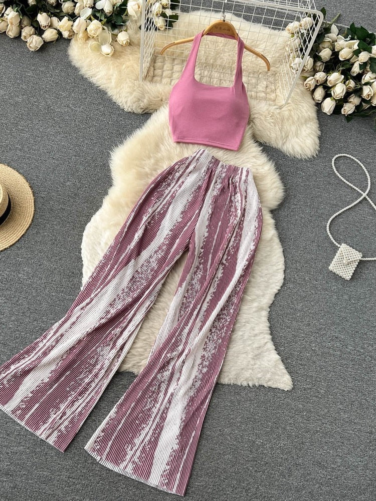 Summer Sexy Pants Set Elastic Waist Long Pants Two Piece Sets