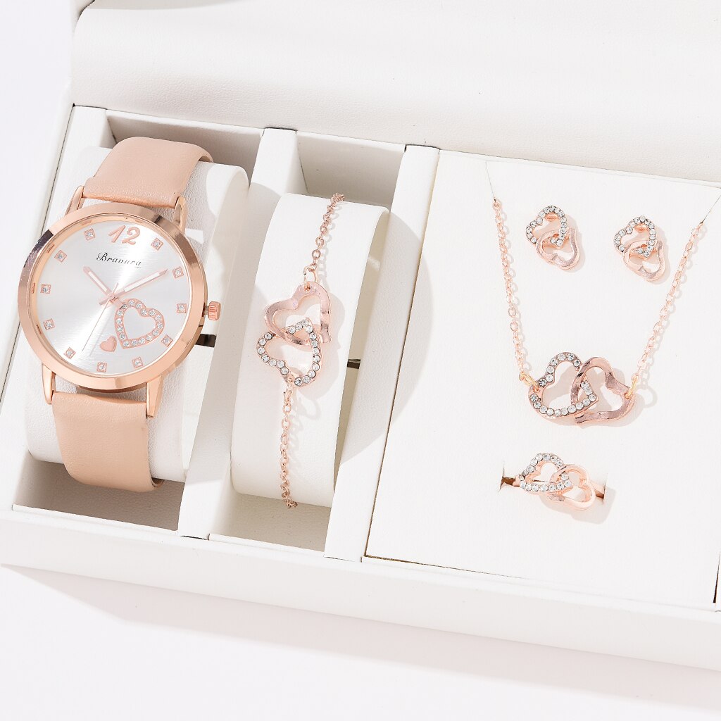 6PCS Quartz Watch and Heart Shaped Jewelry Set (NO BOX)