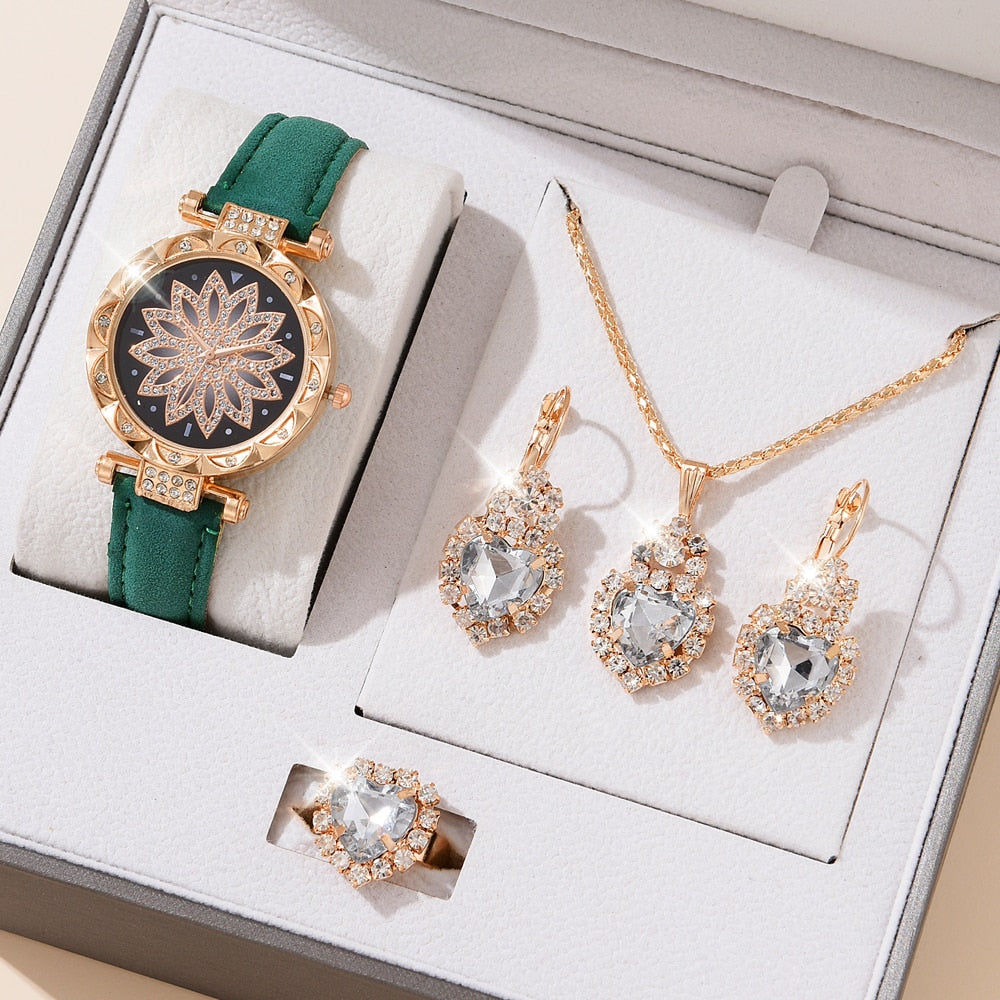 5pcs Luxury Watch Ring Necklace Earrings Set (No Box)