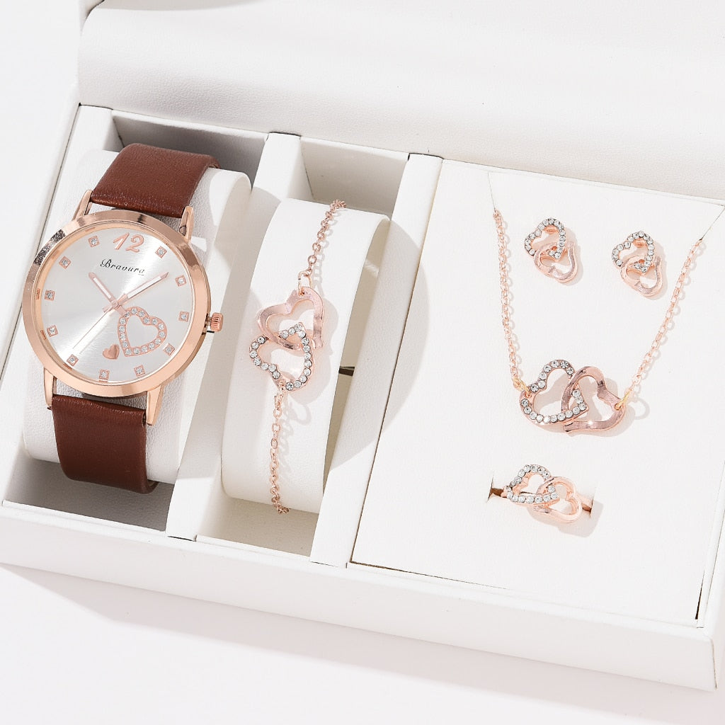 6PCS Quartz Watch and Heart Shaped Jewelry Set (NO BOX)