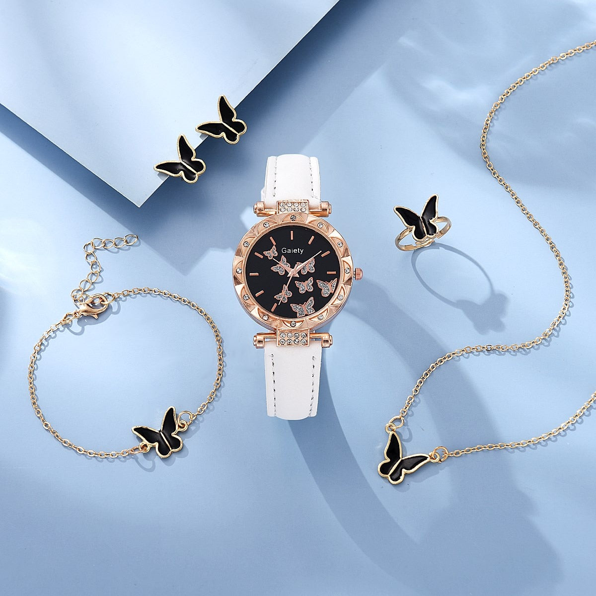 6pcs Luxury Butterfly Watch Ring Necklace Earrings Bracelet Set (No Box)