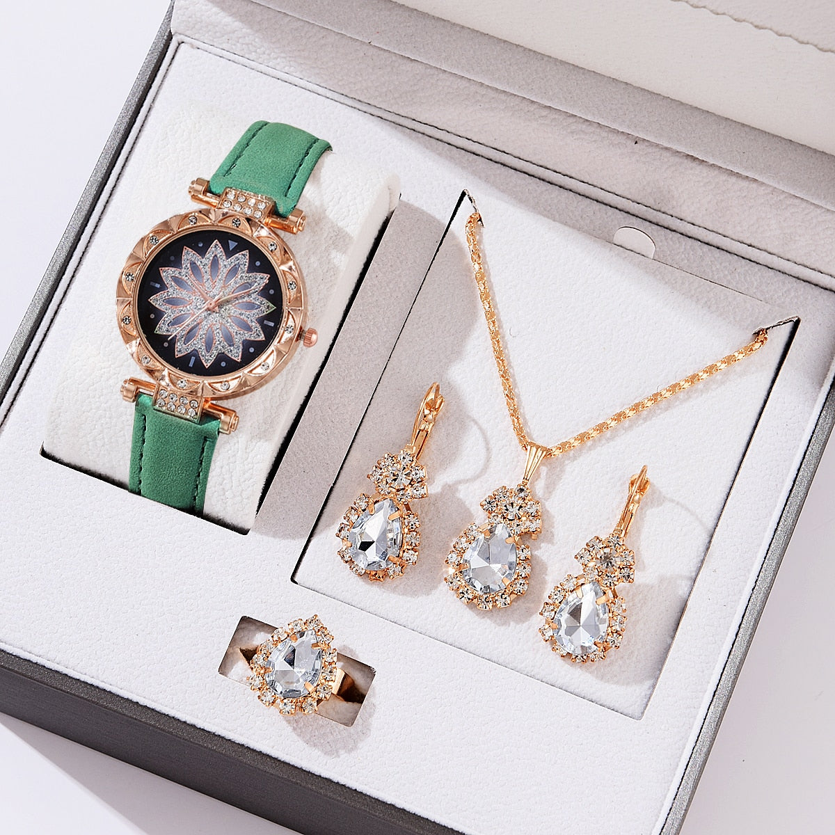 5pcs Luxury Watch Ring Necklace Earrings Set (No Box)