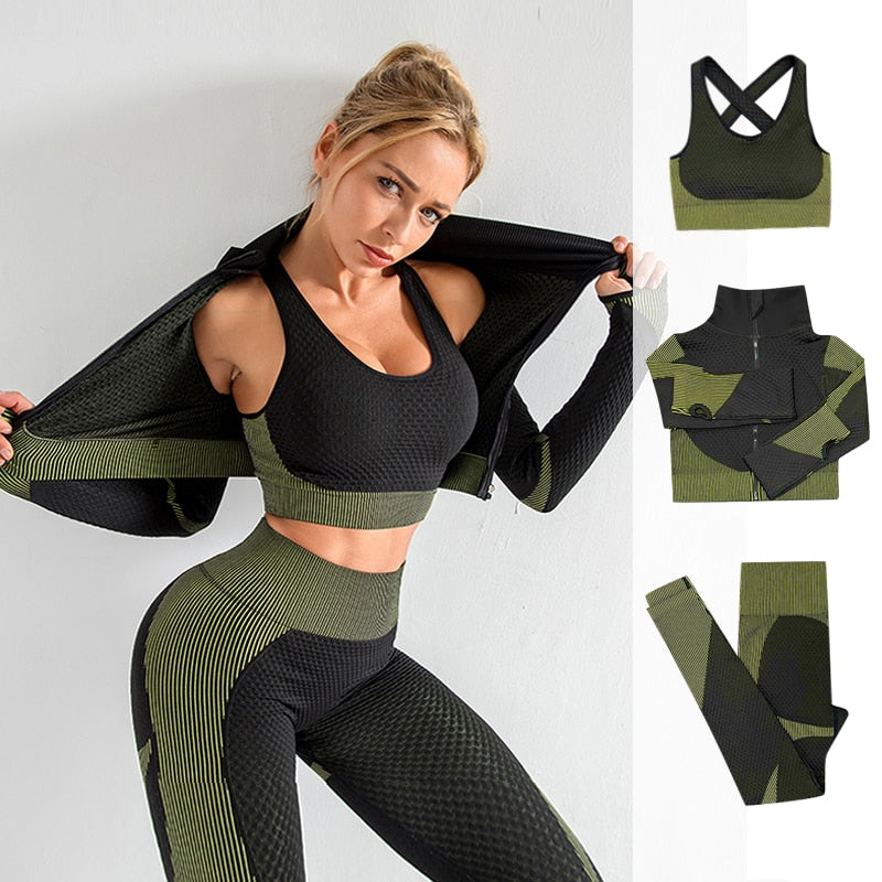 2/3PCS Workout Set with Long Sleeve Crop Top High Waist Leggings