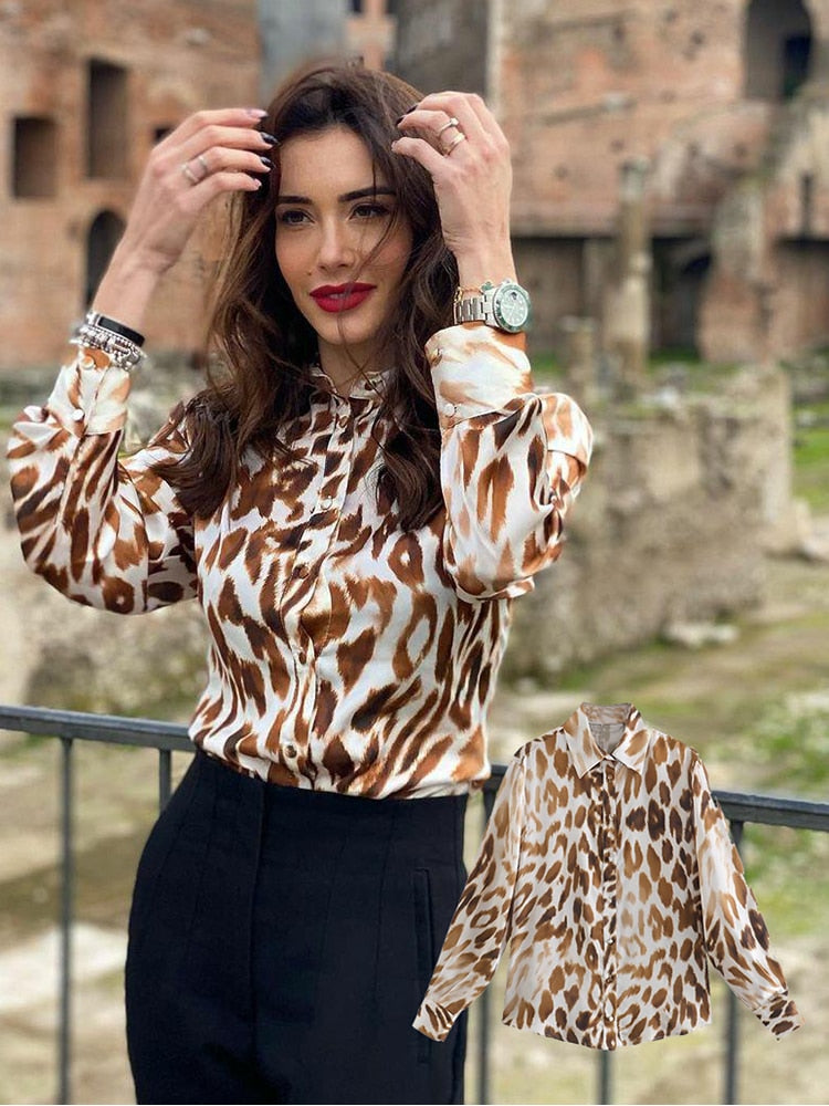 Elegant Animal Print Satin Blouse