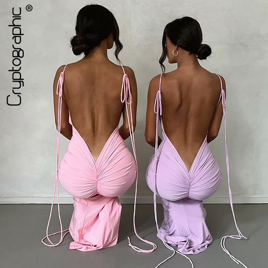 Sexy Backless Ruched Maxi Dress with Spaghetti Straps