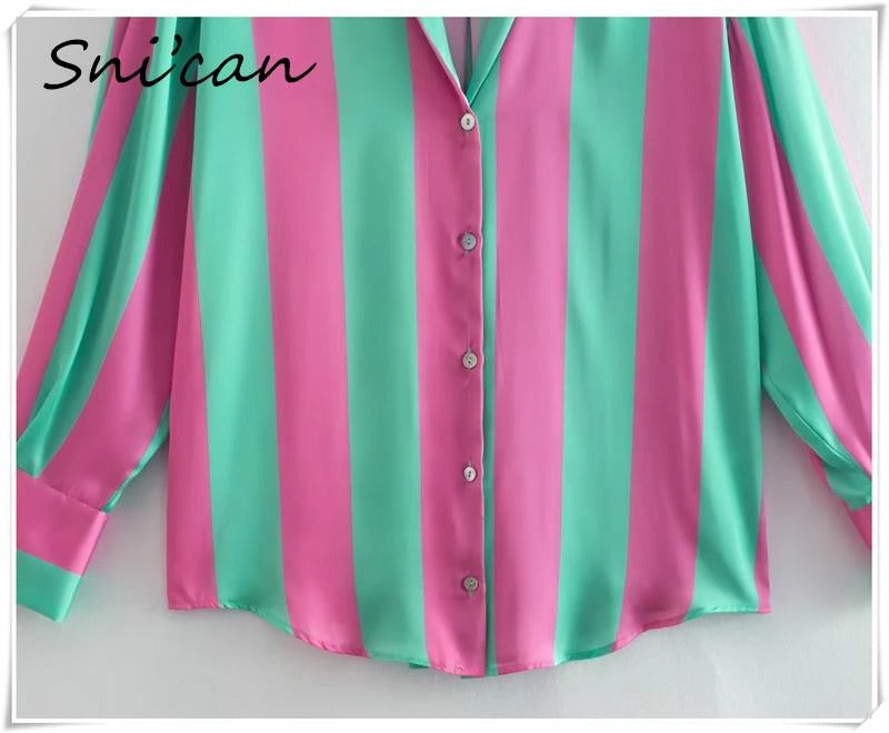 Green Pink Oversized Striped Blouse / Pink Skirt